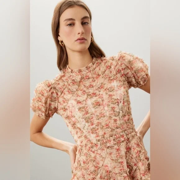 ❌SOLD❌Mac Duggal High Neck Floral Mesh Ruffle Maxi Dress – Pink/Cream – Size 8 - Picture 4 of 17